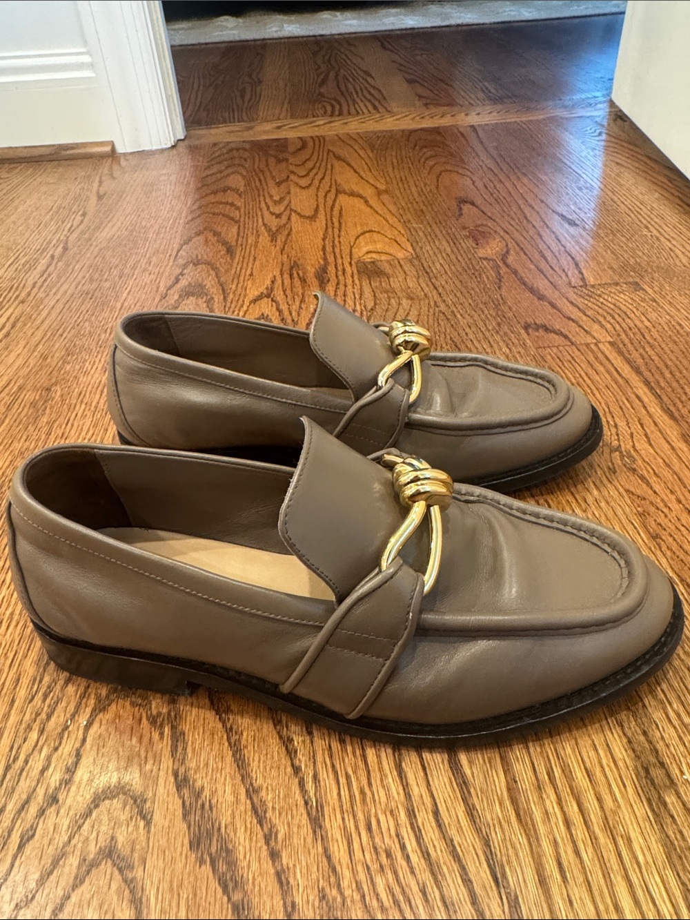 Bottega Veneta Taupe Leather Loafers with Gold Knot Hardware - Picture 2 of 7